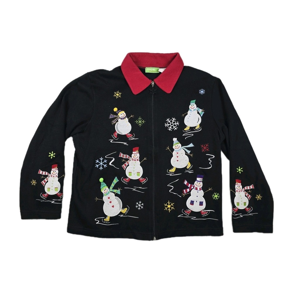 Onque Casuals Christmas Zip Cardigan Embroidered Sweater Women's Size‎ Large